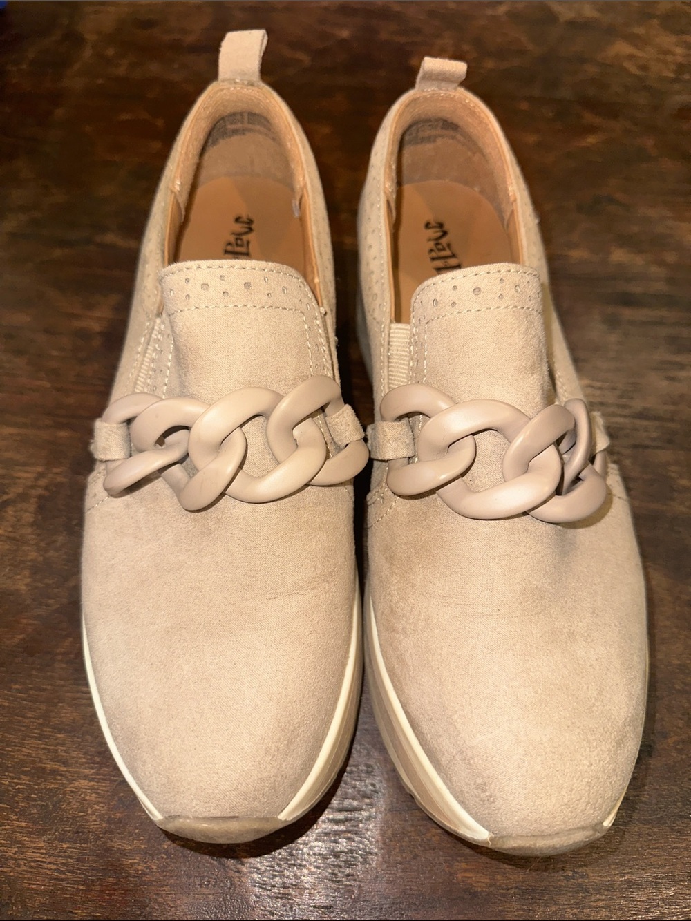 Mad Love Tan Platform Slip-On Sneakers with Chain Accent